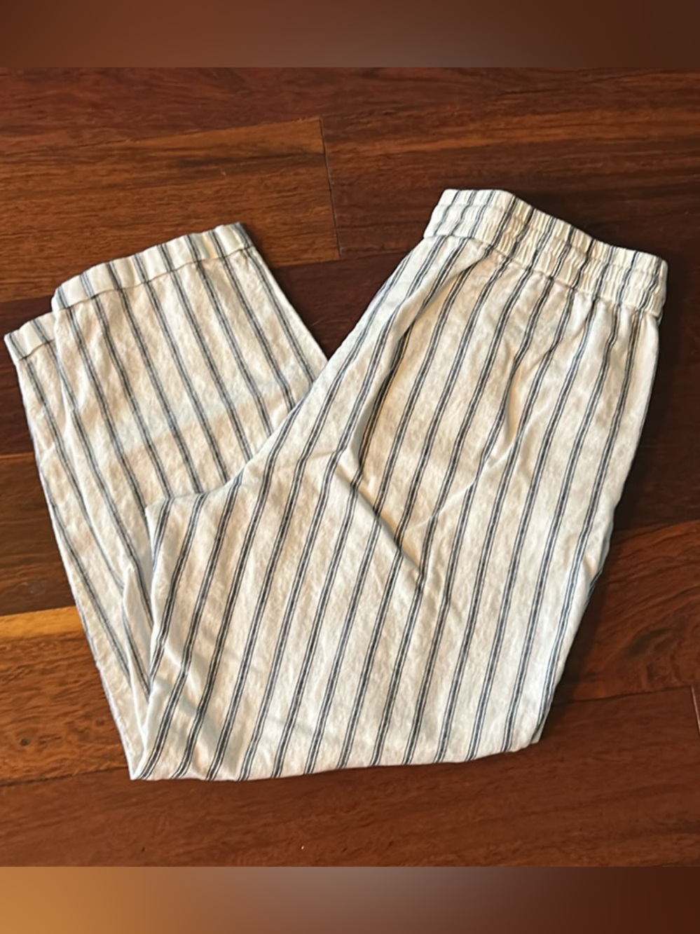 J. Crew Cream Pants with Blue Vertical Stripes